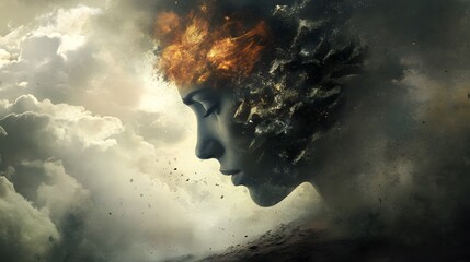 Poster - Surreal Portrait of a Woman with Fiery Elements and Abstract Clouds, Symbolizing Transformation and Inner Conflict in a Dreamlike Landscape