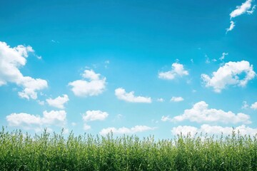Poster - Vast green field under a clear blue sky with white clouds creating a serene and peaceful atmosphere. Generative AI