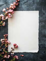 Leinwandbilder - Blank textured paper surrounded by delicate pink cherry blossom flowers on a dark surface. Generative AI