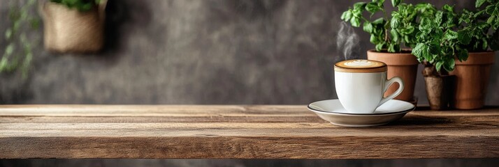 Aufkleber - Warm cup of coffee on a wooden table with greenery in the background creating a cozy atmosphere for relaxation. Generative AI