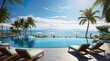 © Resi - Infinity pool overlooking tropical ocean with palm trees and umbrellas