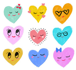 Set collections cute colorful valentines heart love character doodle illustration watercolor crayon emoticon smiley emoji face digital planner sticker png transparent clipart