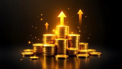 Growth money business increase finance profit on 3d investment background with coin stock wealth arrow graph. Financial economy concept rise gold strategy cash currency. Success market economic budget