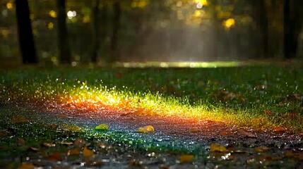 Wall Mural - Sunlit rainbow on dewy grass in autumnal park.