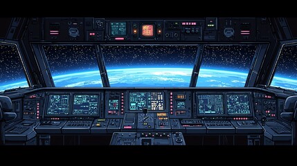 Wall Mural - spaceship cockpit view of earth from space.