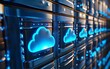 © Ytnart - Modern data center with blue cloud icons on server racks, symbolizing cloud computing and data storage.