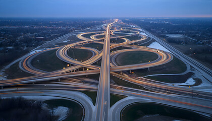 Wall Mural - Aerial view of an intricate urban highway interchange at dusk, showcasing modern infrastructure -