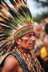 Indigenous person with traditional outfit, possibly at cultural event or powwow.