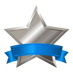 Wall Mural - realistic silver star with blue satin silk ribbon. element, icon with metallic effect for award, med