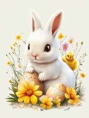 Wall Mural - Easter bunny, chicks and spring flowers. Funny rabbits, baby chickens and eggs. Cartoon easter spring vector set