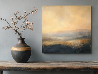 Poster - Serene Nature Scene with Artistic Vase and Gentle Landscape Painting