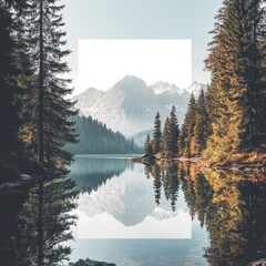Leinwandbilder - Tranquil lakeside view with mountains reflected in calm waters and space for text overlay. Generative AI