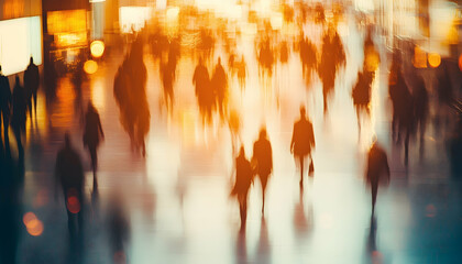 Wall Mural - Blurred figures in a bustling convention hall showcasing a dynamic international exhibition conference or corporate marketing event -