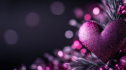 Wall Mural - A vibrant purple heart adorns a festive Christmas tree, illuminated by soft pink lights, creating a whimsical celebration of love and joy.