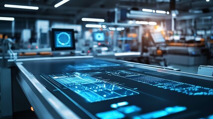 Wall Mural - futuristic digital interface with data analytics in modern workspace