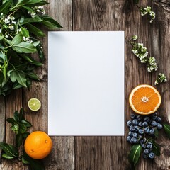 Wall Mural - Fresh fruits and greenery surround empty space for text on rustic wooden table during daylight. Generative AI