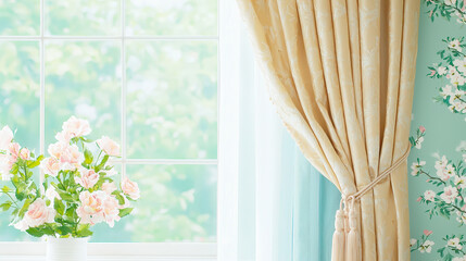 Poster - Sunlight streams through elegant curtains, illuminating floral arrangement in a charming interior space
