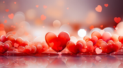 Leinwandbilder - Colorful hearts scattered across a reflective surface with a soft bokeh background during a romantic celebration