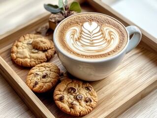 Wall Mural - Cozy coffee and bakery vibes with a perfect cappuccino PR. Coffee with cookies on wooden tray