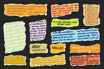 Wall Mural - ripped paper strips with handwritten text. realistic crumpled paper scraps with torn edges. shreds o