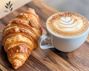 Wall Mural - Cozy coffee and bakery vibes with a perfect cappuccino PR. Coffee and croissant on wooden table