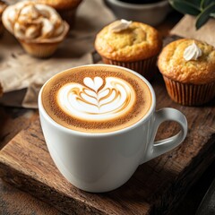 Wall Mural - Cozy coffee and bakery vibes with a perfect cappuccino PR. Coffee cup with muffins on a wooden table