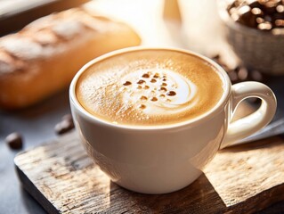 Wall Mural - Cozy coffee and bakery vibes with a perfect cappuccino PR. Coffee cup with latte art on wooden surface