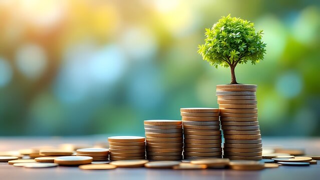 A small tree growing atop stacks of coins signifies financial growth, investment, and savings in a conceptual colorful background.