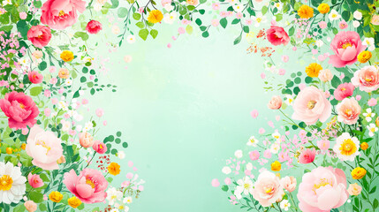 Aufkleber - Colorful floral border design featuring various flowers and greenery on a soft blue background
