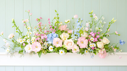 Poster - Beautiful floral arrangement on a light blue wall showcasing vibrant petals and greenery in a serene setting