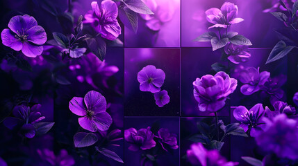 Poster - Colorful display of purple flowers with lush green leaves under soft illuminated light in a serene background