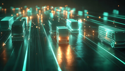 Wall Mural - Connected delivery vehicles visualized in a glowing digital network, showcasing smart logistics -
