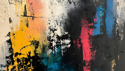 Wall Mural - close-up of textured multicolored painting with bold brushstrokes and palette knife details -