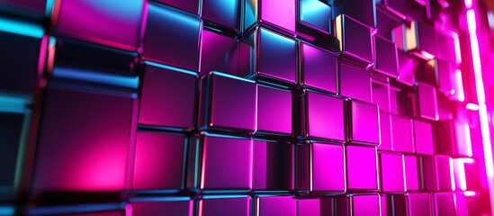 Wall Mural - neon pink and blue geometric pattern with reflective metallic cubes
