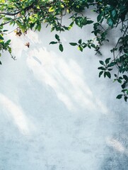 Poster - Empty white wall with green foliage creating a serene space for creativity and text placement in a natural setting. Generative AI