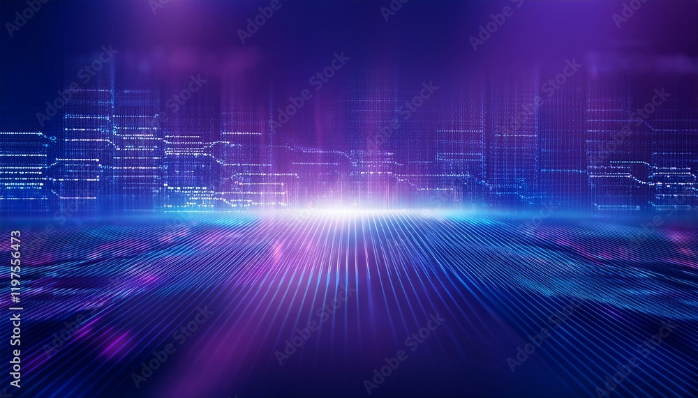 Futuristic city skyline at night, glowing with vibrant purple and blue ...