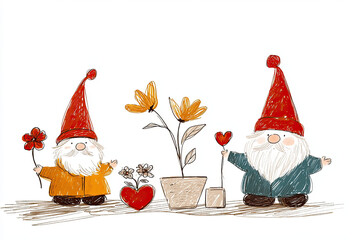 Wall Mural - Gnomes holding flowers and hearts, surrounded by plants and love, hand-drawn childlike art style