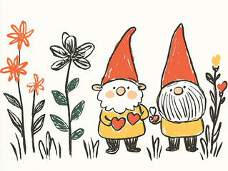 Wall Mural - Cute gnomes holding hearts surrounded by colorful flowers in garden, hand-drawn childlike art style