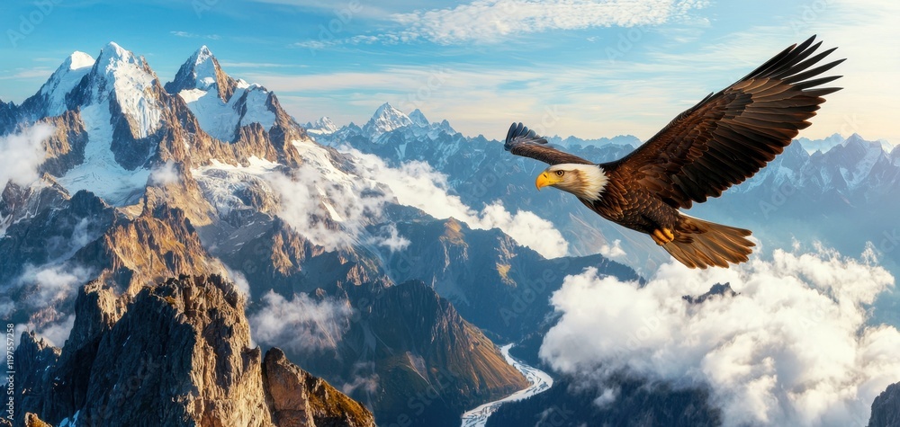 Majestic eagle soaring high in the sky with mountains and rivers below ...