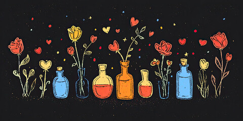 Wall Mural - Colorful bottles with flowers and hearts create whimsical love potion scene, hand-drawn childlike art style