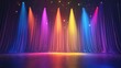 © Alex - A stage with a brightly lit curtain and colorful spotlights shining from above. The scene appears to be set for a live performance or show.