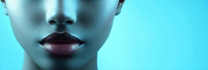 Leinwandbilder - Stunning close up of a womans face showcasing a serene expression against a calming blue backdrop with ample text space. Generative AI