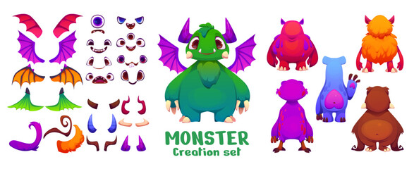 Wall Mural - Cartoon monster creation kit, funny evil character constructor featuring body parts, includes eyes, wings, tails and horns, facial expressions and figure shapes to create unique and playful monster