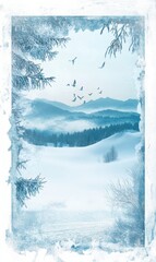 Poster - Winter landscape with snow covered mountains, trees, and birds flying in a serene blue atmosphere. Generative AI