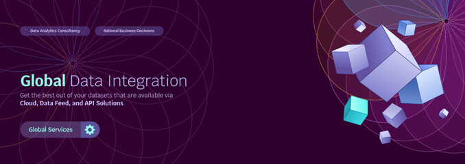 Wall Mural - global data integration, global data network connection banner, wireframe connected dots, fractals f