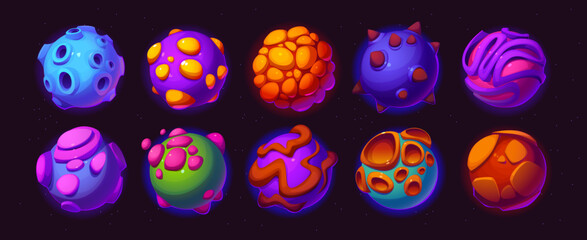 Wall Mural - cartoon alien space planets and stars for galaxy fantasy game, vector icons. alien space planets wit