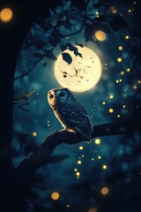 Wall Mural - Owl perched on tree branch near full moon