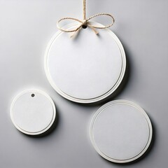 Round white paper labels hanging with string on white background