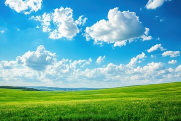 Fototapete - Bright green landscape under a clear blue sky with fluffy clouds and open space for creative text placement. Generative AI