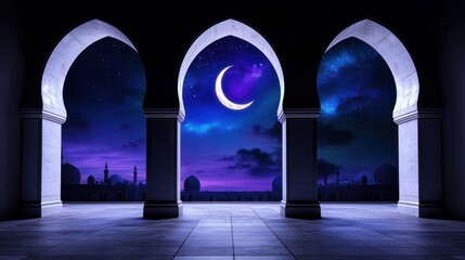 Wall Mural - A scenic view through mosque arches revealing a magical Ramadan sky with a crescent moon and star A festive Islamic celebration concept with space for text